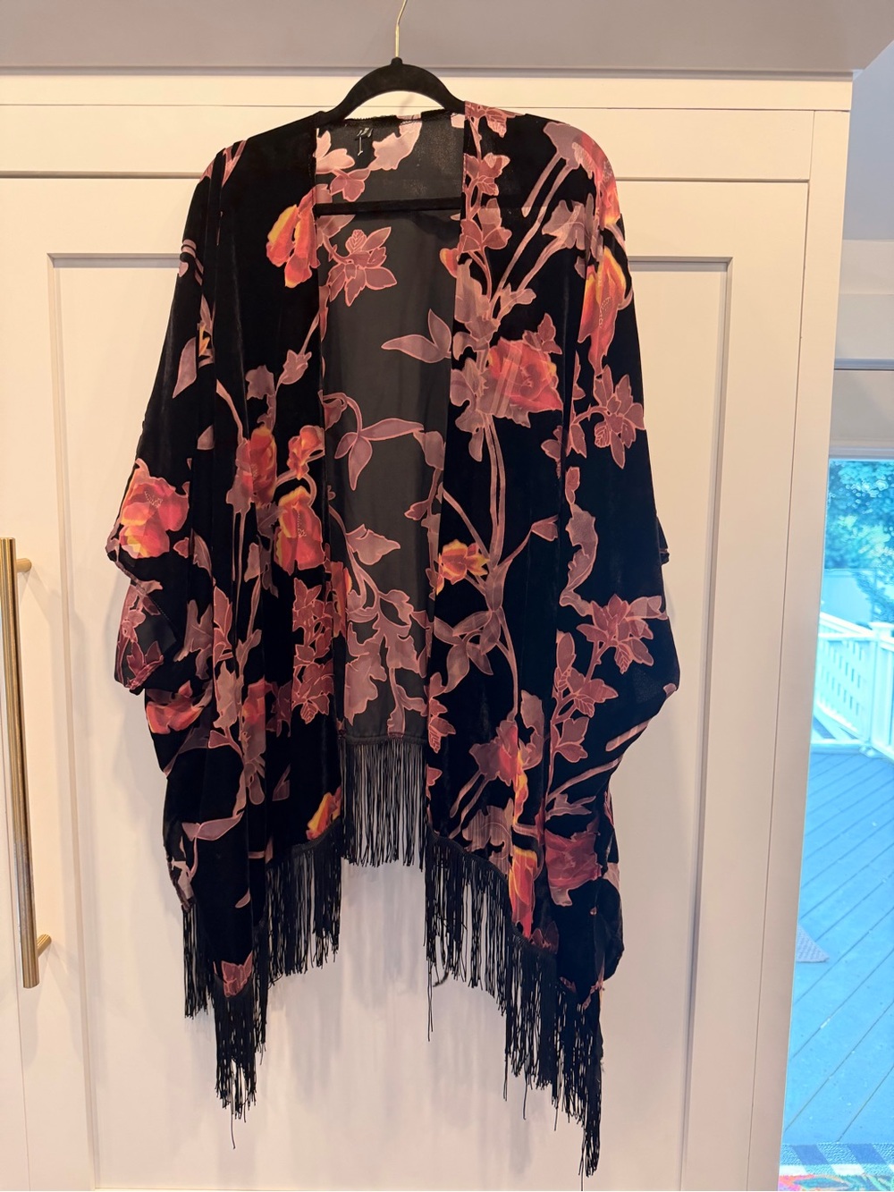Black Burnout Velvet Floral Fringe Kimono Cardigan ONE SIZE Boho Layering Piece